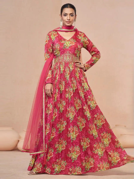 Red Salwar Kameez - Georgette & Net - Anarkali