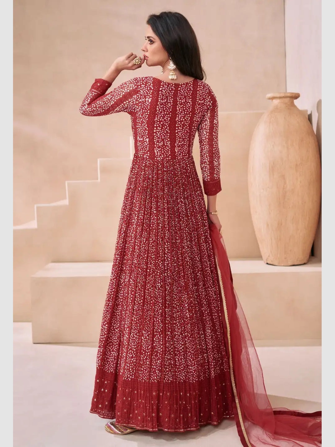 Indian Dress Red Real Georgette - Anarkali Indian Dress Red Real Georgette - Anarkali