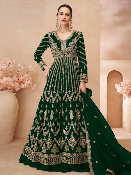 Green Indian Dress - Chinon Silk- Anarkali Dress