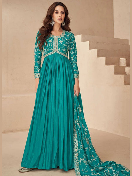 Green Salwar Kameez - Chinnon Silk - Anarkali Dress