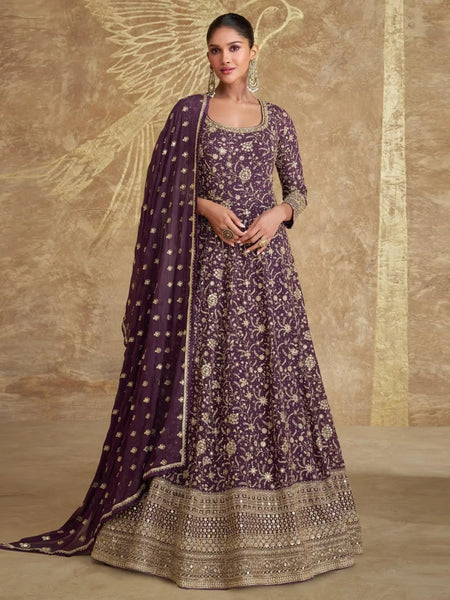 Purple Indian Dress - Real Georgette Embroidery - Anarkali