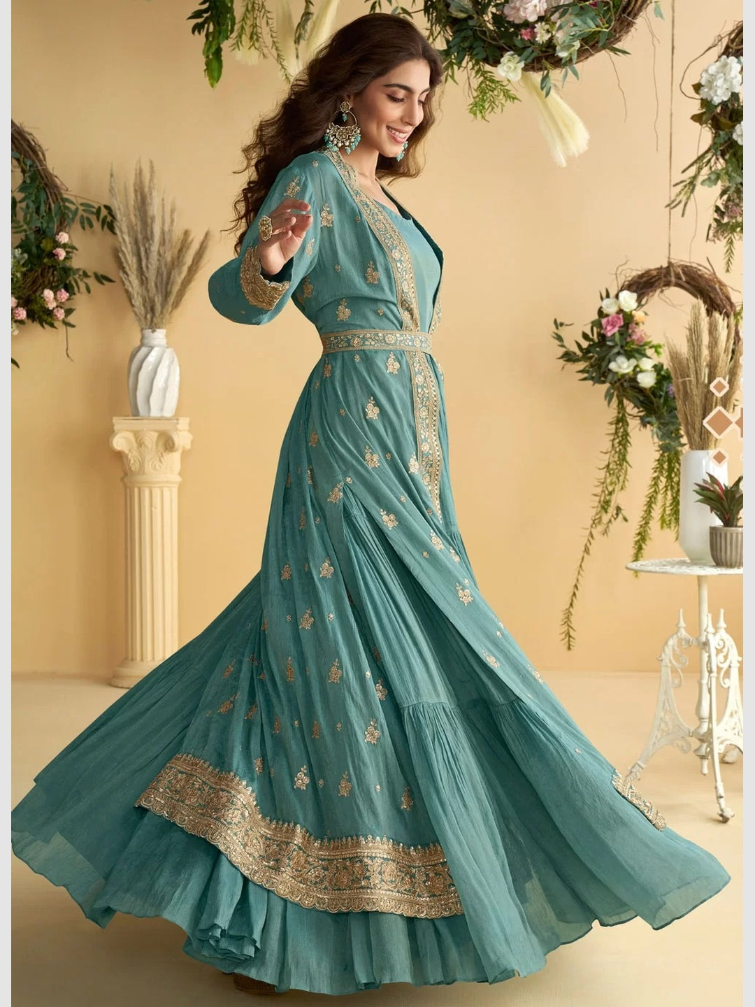 blue colour anarkali dress Andaaz Fashion Women's Embroidered Organza Sky Blue Wedding Anarkali Suit