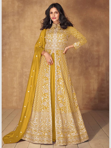 Golden Salwar Kameez - Premium Silk - Anarkali