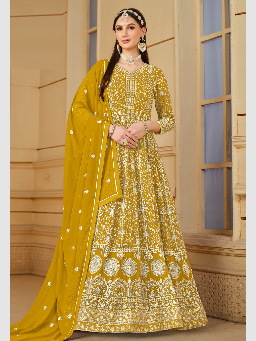 anjubaa Indian Dress Golden Faux Georgette - Anarkali anjubaa Indian Dress Golden Faux Georgette - Anarkali