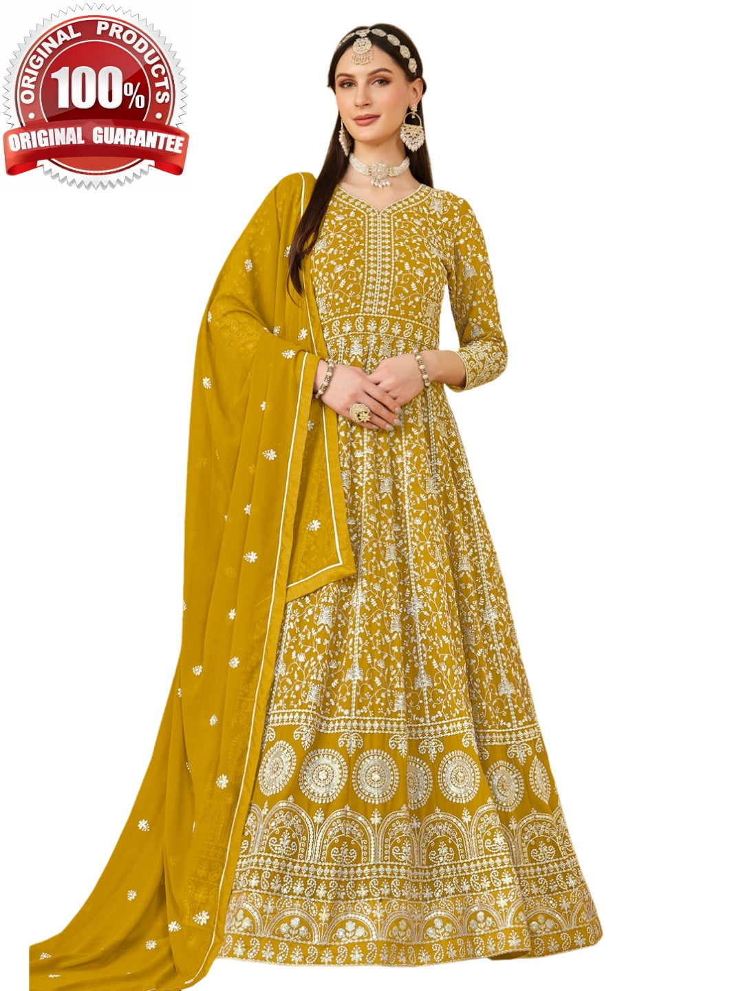 anjubaa Indian Dress Golden Faux Georgette - Anarkali anjubaa Indian Dress Golden Faux Georgette - Anarkali