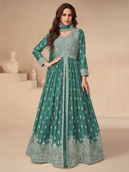 Green Salwar Kameez - Chinnon Silk - Anarkali Dress