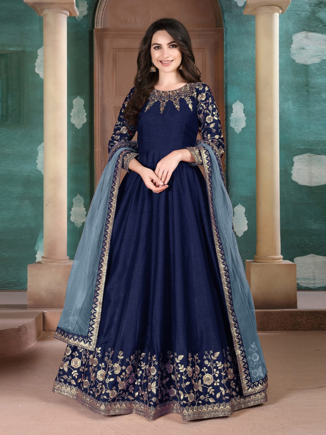 indian blue dress Blue Velvet Hand Embroidered Indian Gown with Banarasi Jacquard Ham XS / Blue