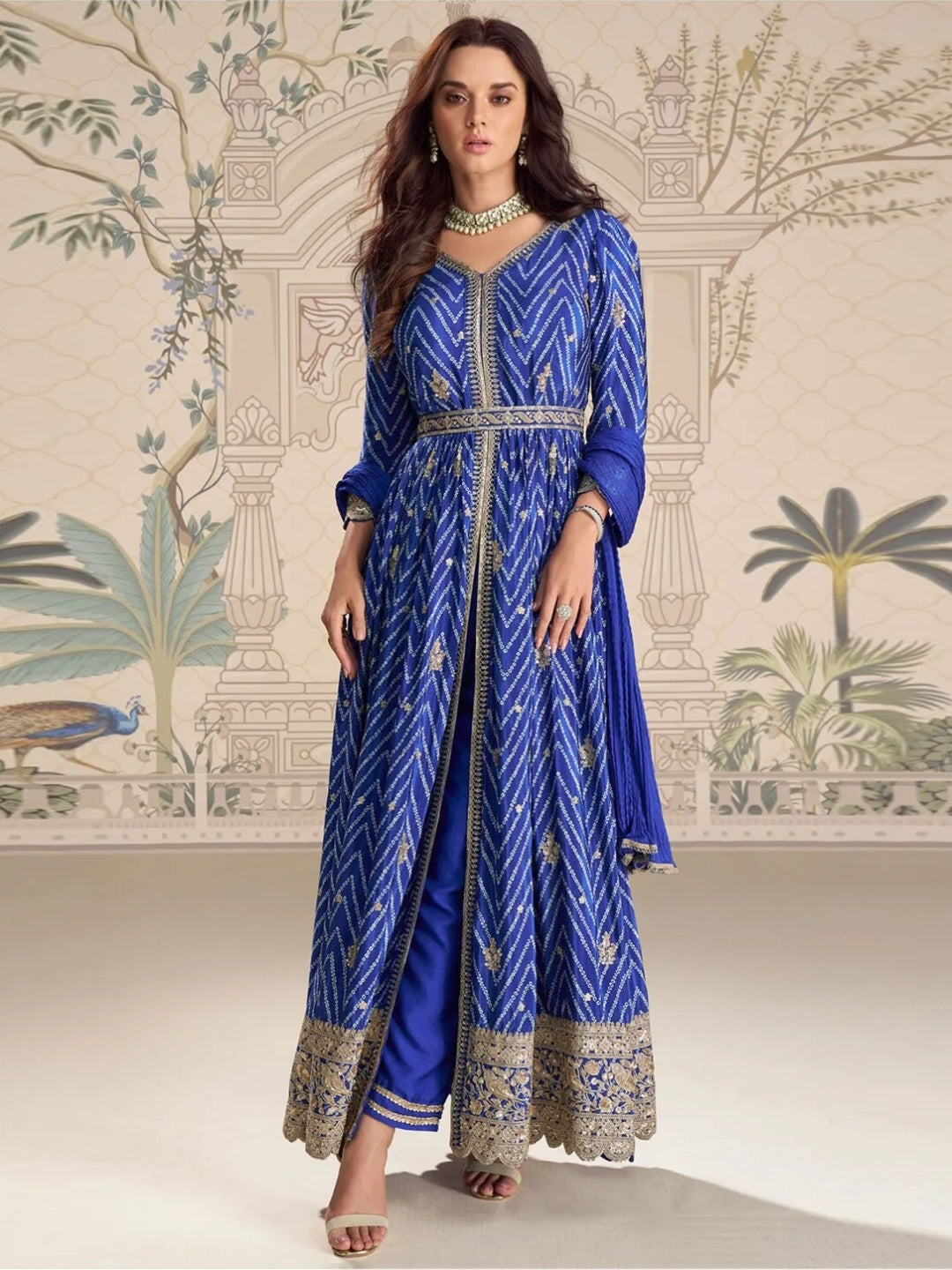 Blue Chinon Embroidered Silk Modern