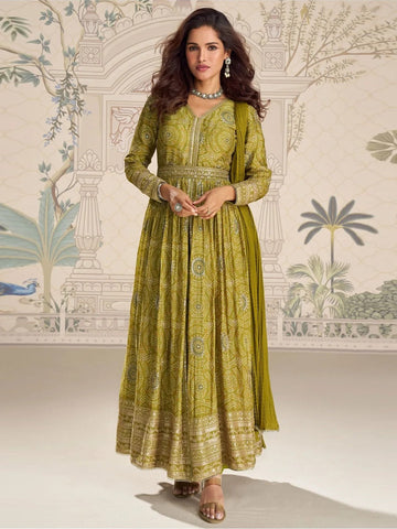 Green Chinon Embroidered Silk Party Wear - Anarkali Dress Salwar Kameez by Fabricoz USA