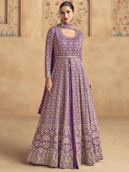 Lavender Georgette Zari Embroidered Couture - Anarkali Dress Indian Dress by Fabricoz USA