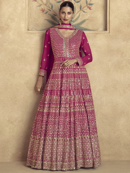 Fuchsia Georgette Heavy Embroidered Royal - Anarkali Dress Indian Dress by Fabricoz USA