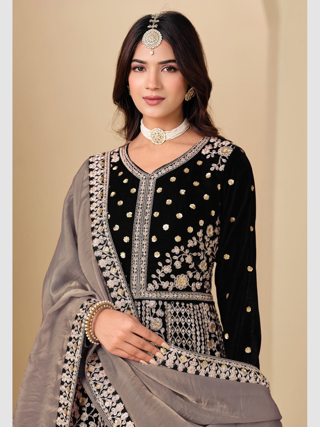 Jet Black Velvet Heavy Embroidered Designer Wedding Wear - Anarkali Suit Jet Black Velvet Heavy Embroidered Designer Wedding Wear - Anarkali Suit