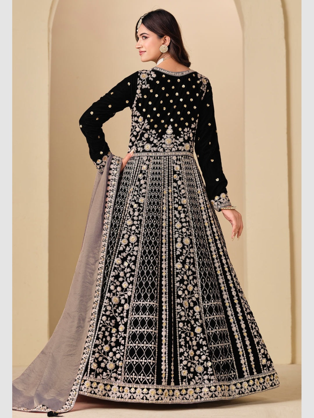 Jet Black Velvet Heavy Embroidered Designer Wedding Wear - Anarkali Suit Jet Black Velvet Heavy Embroidered Designer Wedding Wear - Anarkali Suit