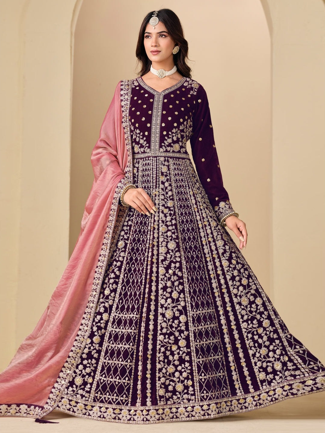 Royal Purple Velvet Heavy Embroidered Designer Wedding Wear