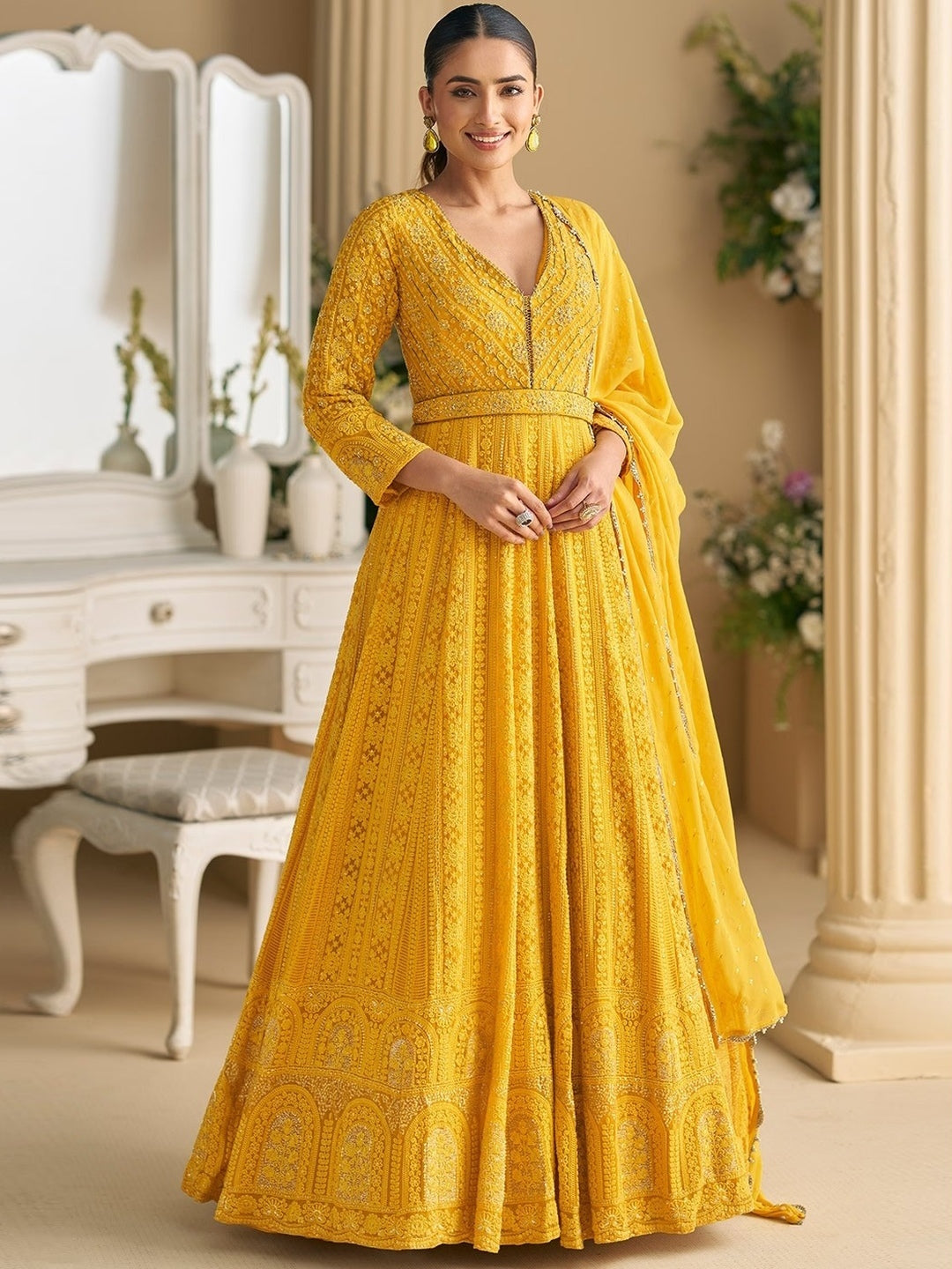 Mustard Yellow Georgette Heavy Embroidered Designer Haldi Wear - Anarkali Suit Mustard Yellow Georgette Heavy Embroidered Designer Haldi Wear - Anarkali Suit