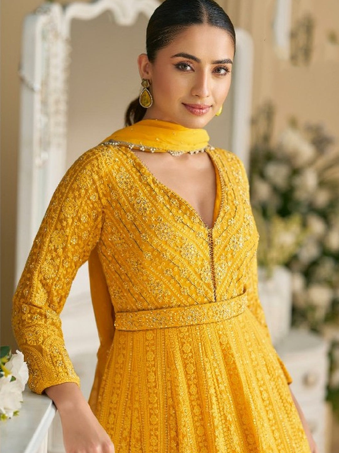 Mustard Yellow Georgette Heavy Embroidered Designer Haldi Wear - Anarkali Suit Mustard Yellow Georgette Heavy Embroidered Designer Haldi Wear - Anarkali Suit