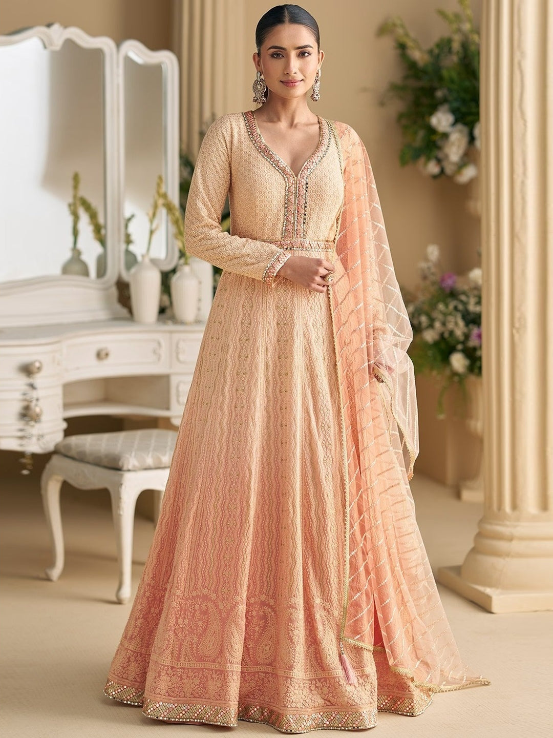 Peach Pink Georgette Intricate Embroidered Designer