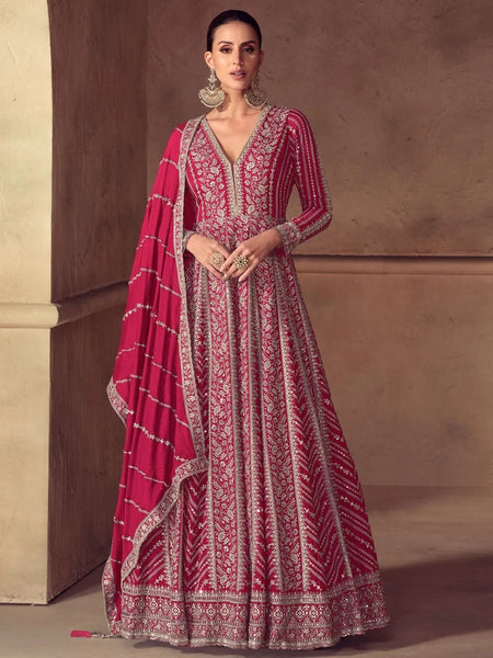 Red Real Chinon - Anarkali Suit Indian Dress by Fabricoz USA