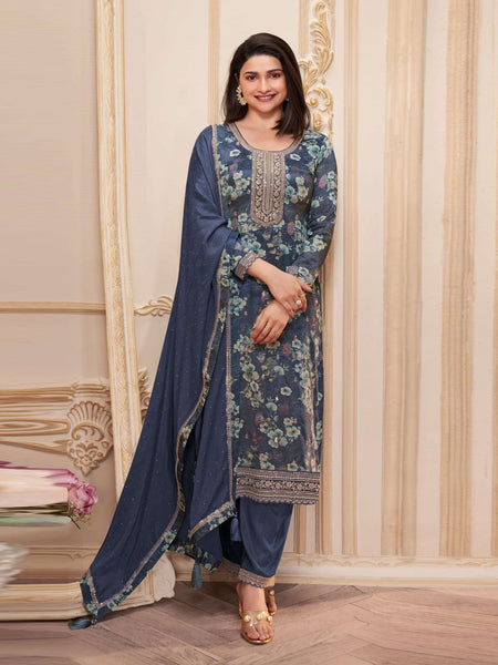 Blue Indian Dress - Chinon Embroidered