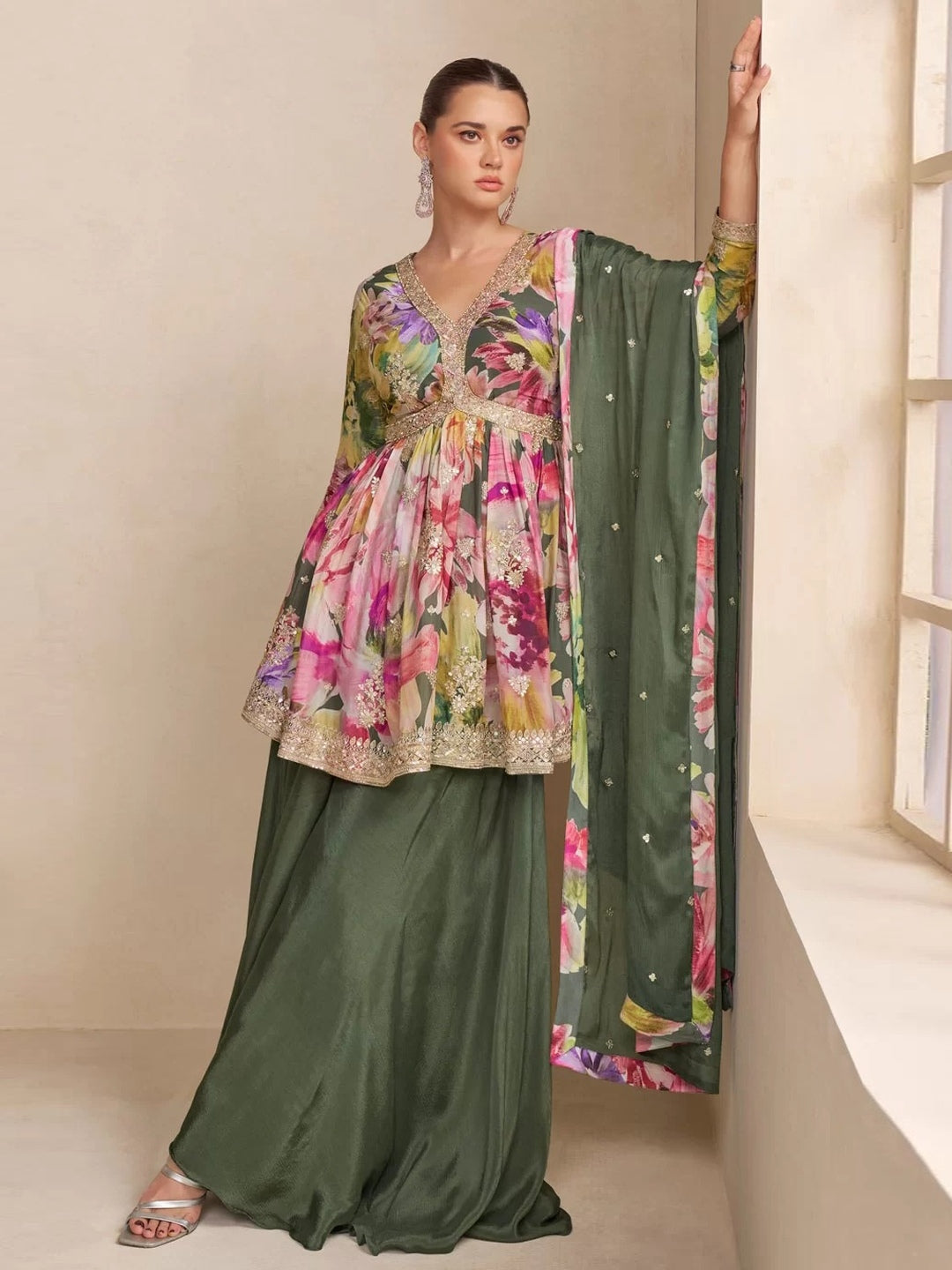 green emerald velvet dress White Print Plunge Neckline Gown: Modern Indian Elegance USA S / White
