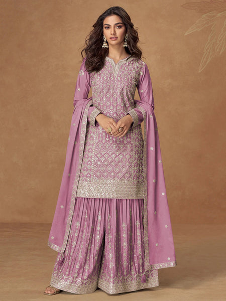 Lilac Pink Chinnon Silk Zari Embroidered Sharara Indian Dress by Fabricoz USA