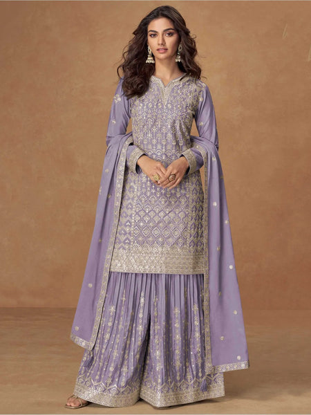 Lavender Chinnon Silk Intricate Threadwork Sharara Indian Dress by Fabricoz USA