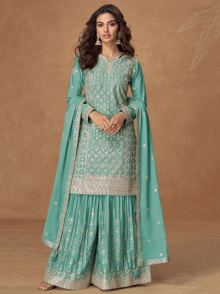 Sea Green Chinnon Silk Zari Embroidered Sharara Indian Dress by Fabricoz USA