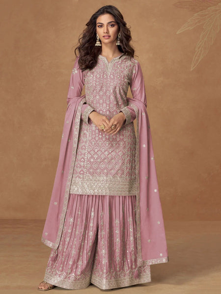 Dusty Rose Chinnon Silk Heavy Embroidered Sharara Indian Dress by Fabricoz USA