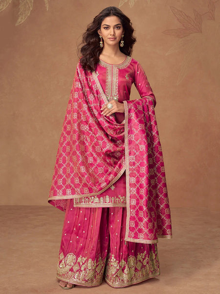 Fuchsia Pink Simar Silk Zari Work Sharara Luxury Salwar Kameez by Fabricoz USA