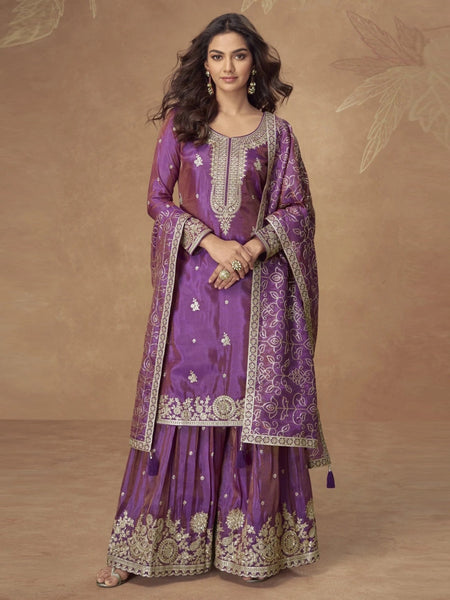 Royal Purple Simar Silk Heavy Embroidered Sharara Salwar Kameez by Fabricoz USA