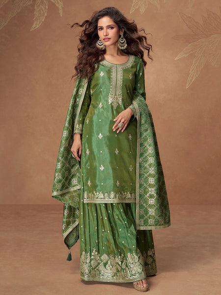 Emerald Green Simar Silk Intricate Zari Work Sharara Salwar Kameez by Fabricoz USA