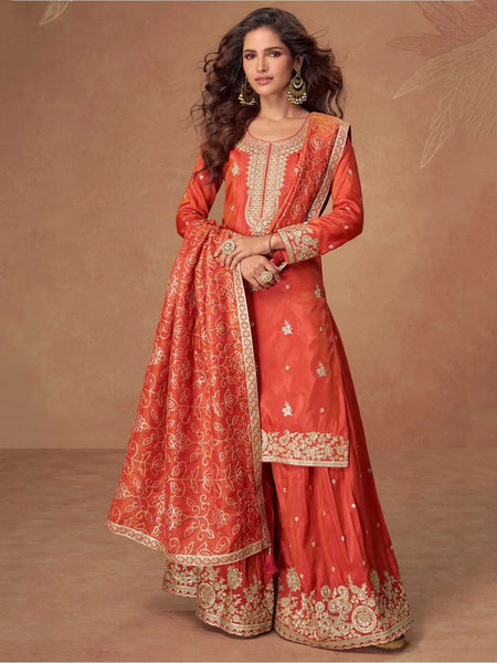 Coral Orange Simar Silk Heavy Embroidered Sharara Salwar Kameez by Fabricoz USA