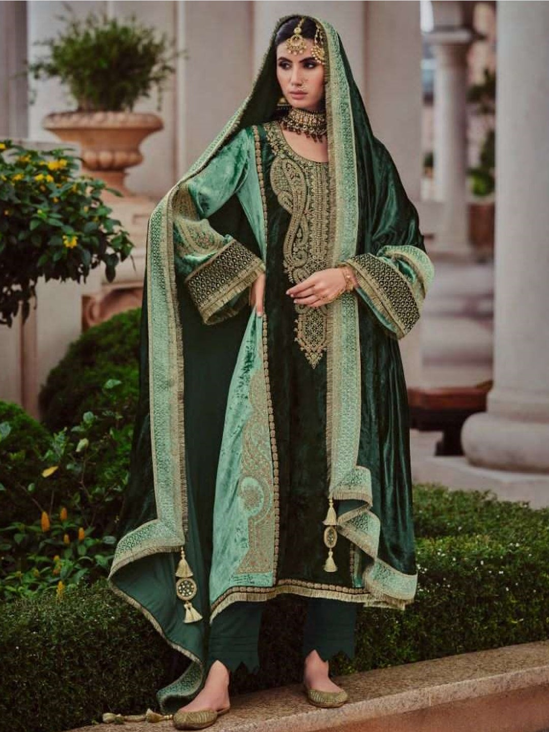 Indian Dress Green Silky Velvet Indian Dress Green Silky Velvet