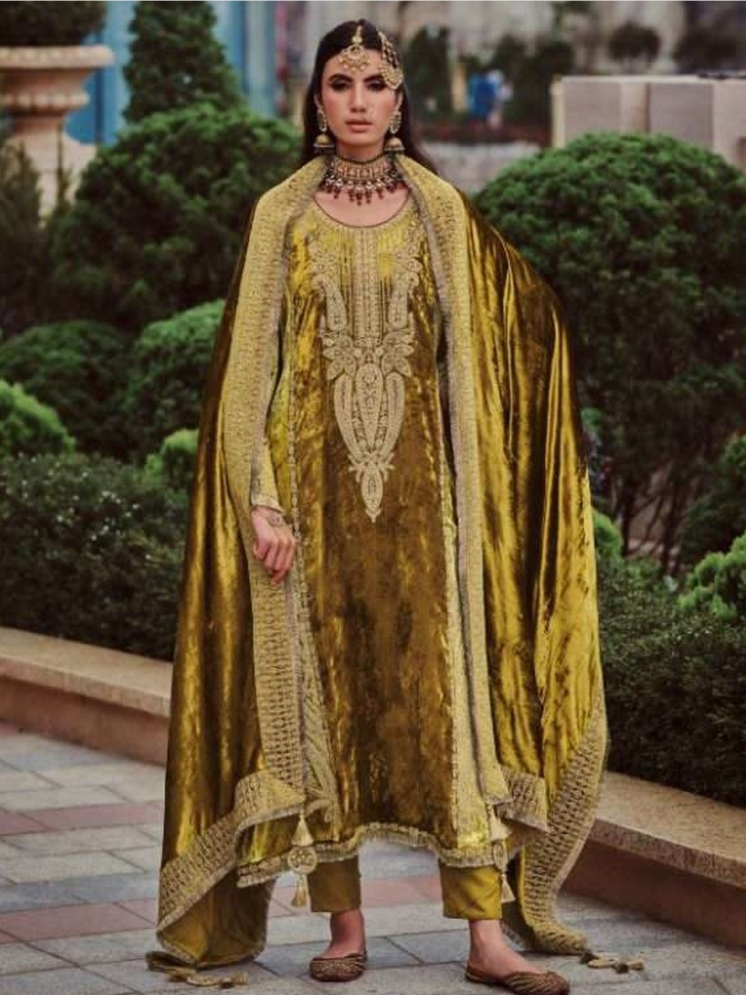 Golden Silky Velvet Embroidery Salwar Kameez | Fabricoz USA Golden Silky Velvet Embroidery Salwar Kameez | Fabricoz USA
