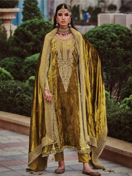 Golden Salwar Kameez - Silky Velvet Embroidery