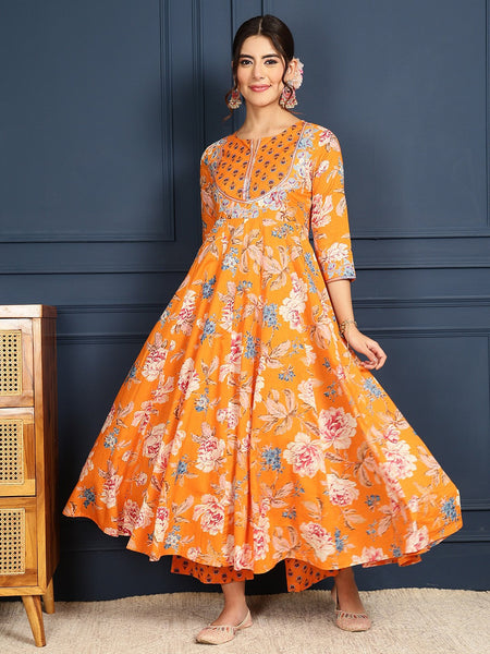 Kurti - Floral Printed Anarkali Kurta Set