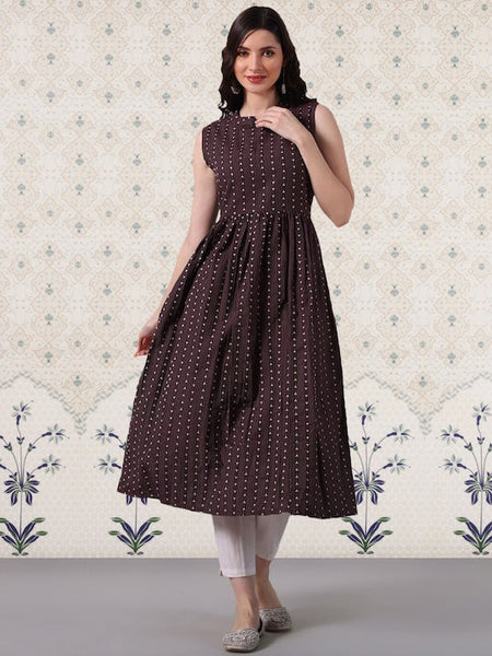 Kurti - Striped Band Collar A-Line Kurti