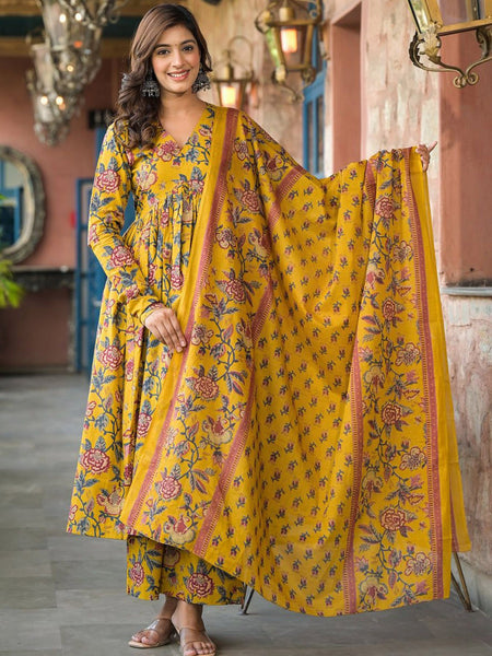 Kurti - Floral Printed Anarkali Kurta Set