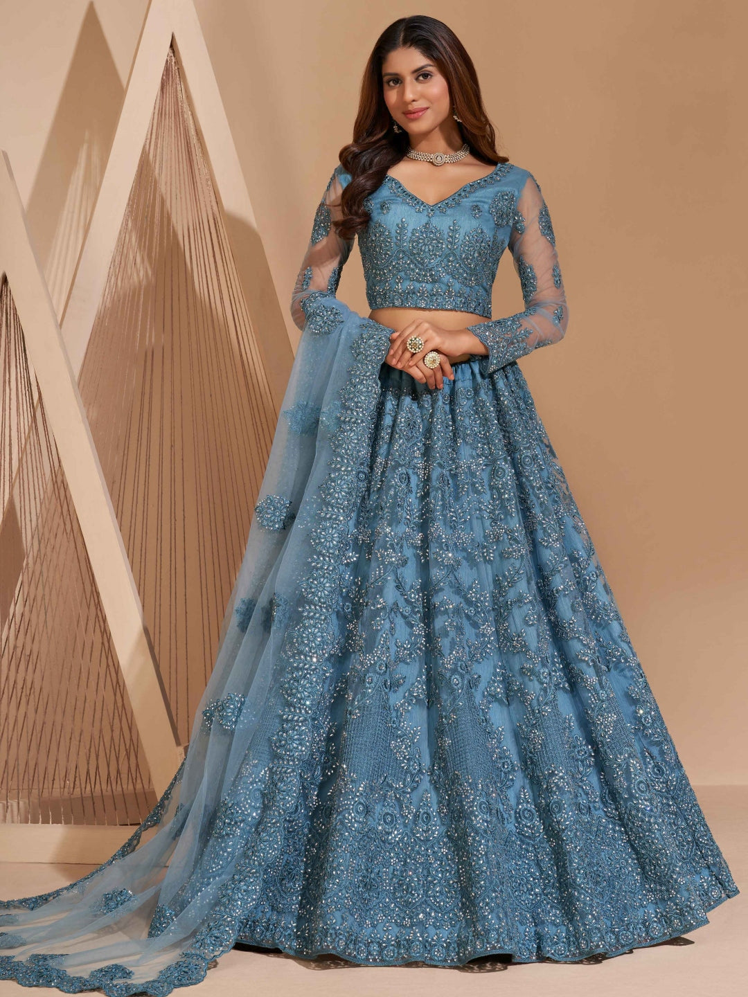 Buy Sky Blue Net Intricate Embroidered Flowy Elegant Party Wear Lehenga - Lehenga Choli - L046N | Fabricoz USA Buy Sky Blue Net Intricate Embroidered Flowy Elegant Party Wear Lehenga - Lehenga Choli - L046N | Fabricoz USA