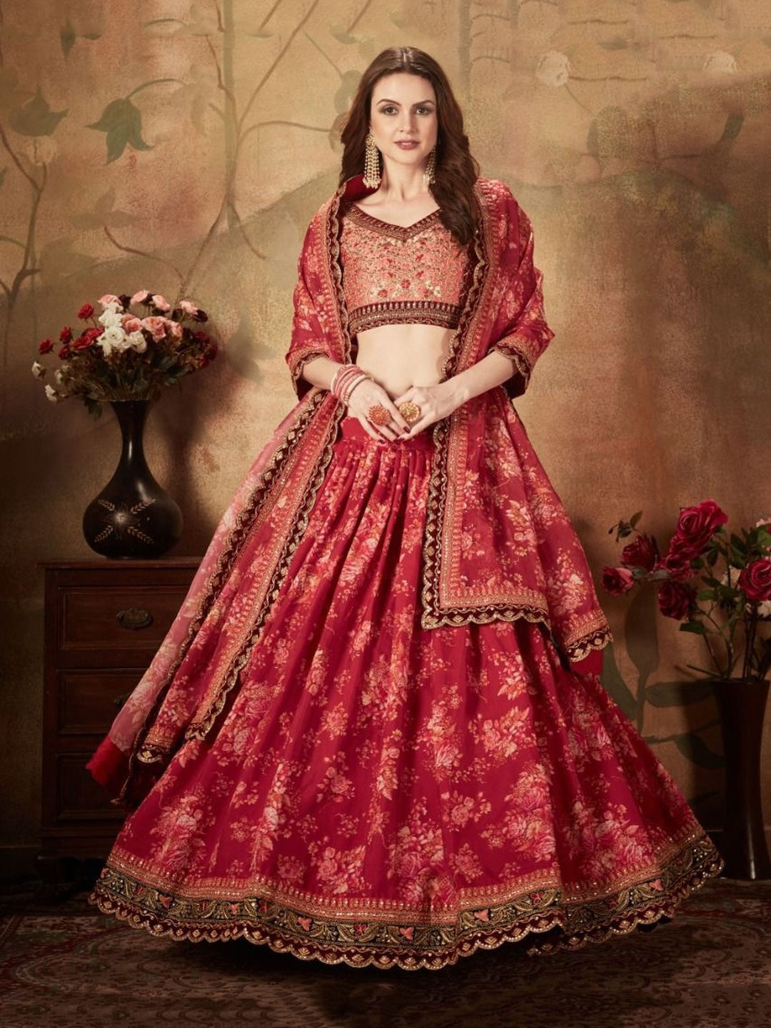 Deep Maroon Floral Printed Organza Sequins Work Rich Elegant Deep Maroon Floral Printed Organza Sequins Work Rich Elegant