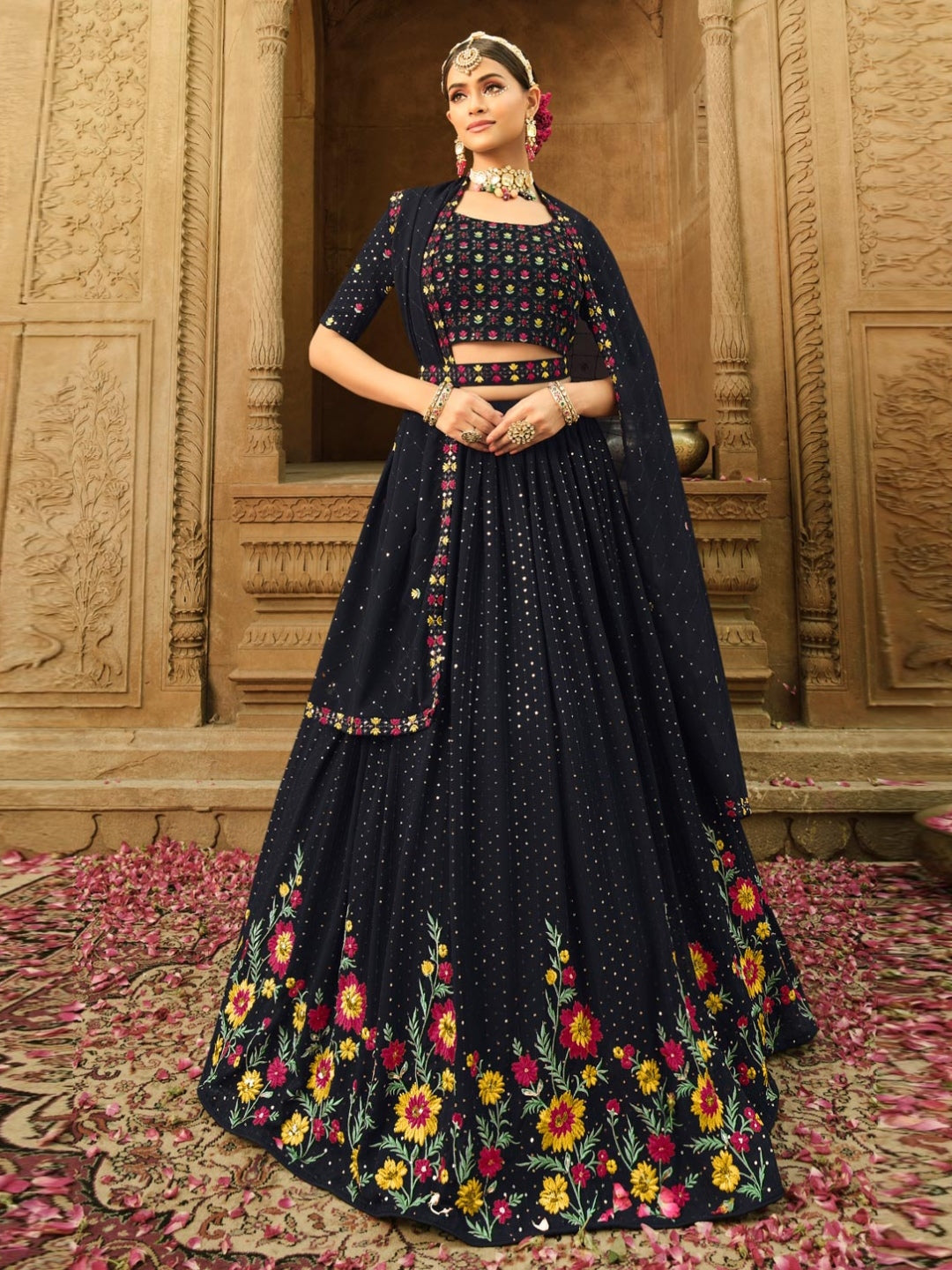 Lehenga Choli Navy Blue Georgette Thread Sequins Rich Designer Party Wear Lehenga Choli Navy Blue Georgette Thread Sequins Rich Designer Party Wear