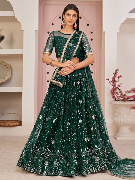 Green Net Heavy Embroidered Intricate Classic Lehenga Choli by Fabricoz USA