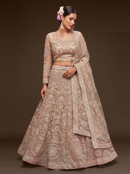 Royal Beige Zari Sequins Embroidered Flowy Classic Wedding Wear Lehenga Choli by Fabricoz USA