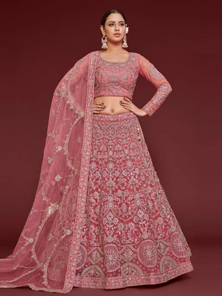 Pink Soft Net Embroidery Lehenga Choli by Fabricoz USA