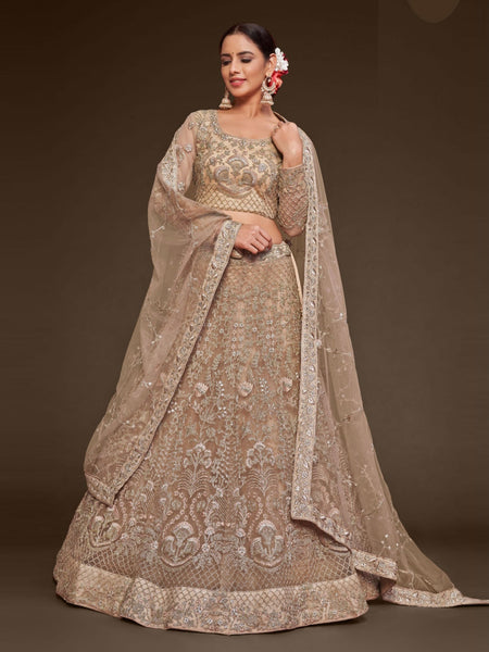 Royal Beige Heavy Zari Sequins Embroidered Flowy Elegant Wedding Wear Lehenga Choli by Fabricoz USA