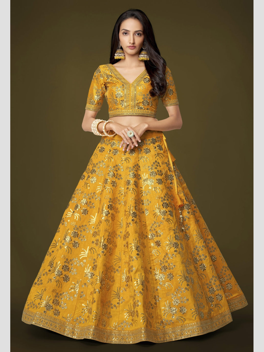 Mustard Yellow Zari Sequins Dori Embroidered Flowy Elegant Festive Wear Mustard Yellow Zari Sequins Dori Embroidered Flowy Elegant Festive Wear