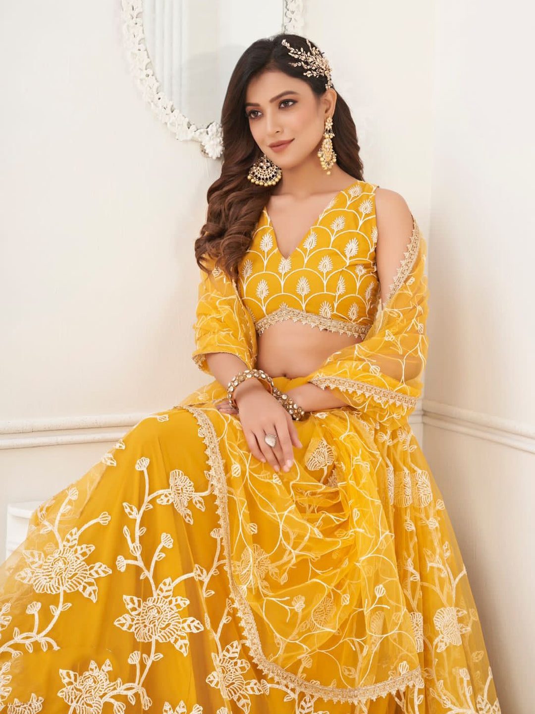 Mustard Yellow Intricate Threadwork Sequins Flowy Elegant Festive Wear Mustard Yellow Intricate Threadwork Sequins Flowy Elegant Festive Wear