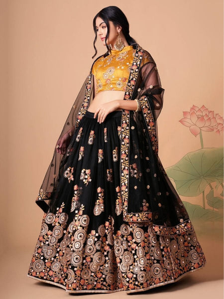 Black Soft Net Heavy Mirror Embroidered Glam Party Wear Lehenga Choli by Fabricoz USA