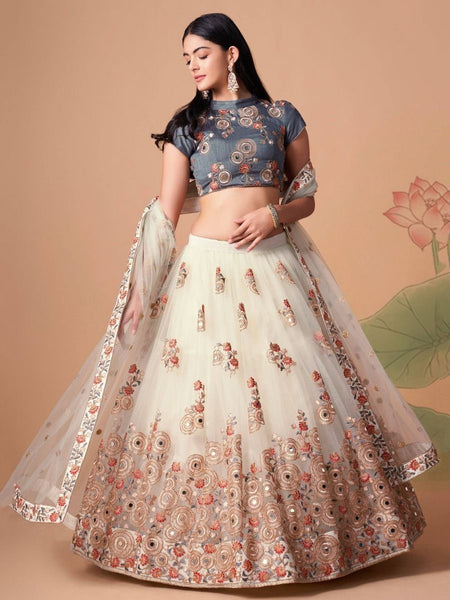 Off White Soft Net Floral Mirror Work Elegant Traditional Wear Lehenga Choli by Fabricoz USA