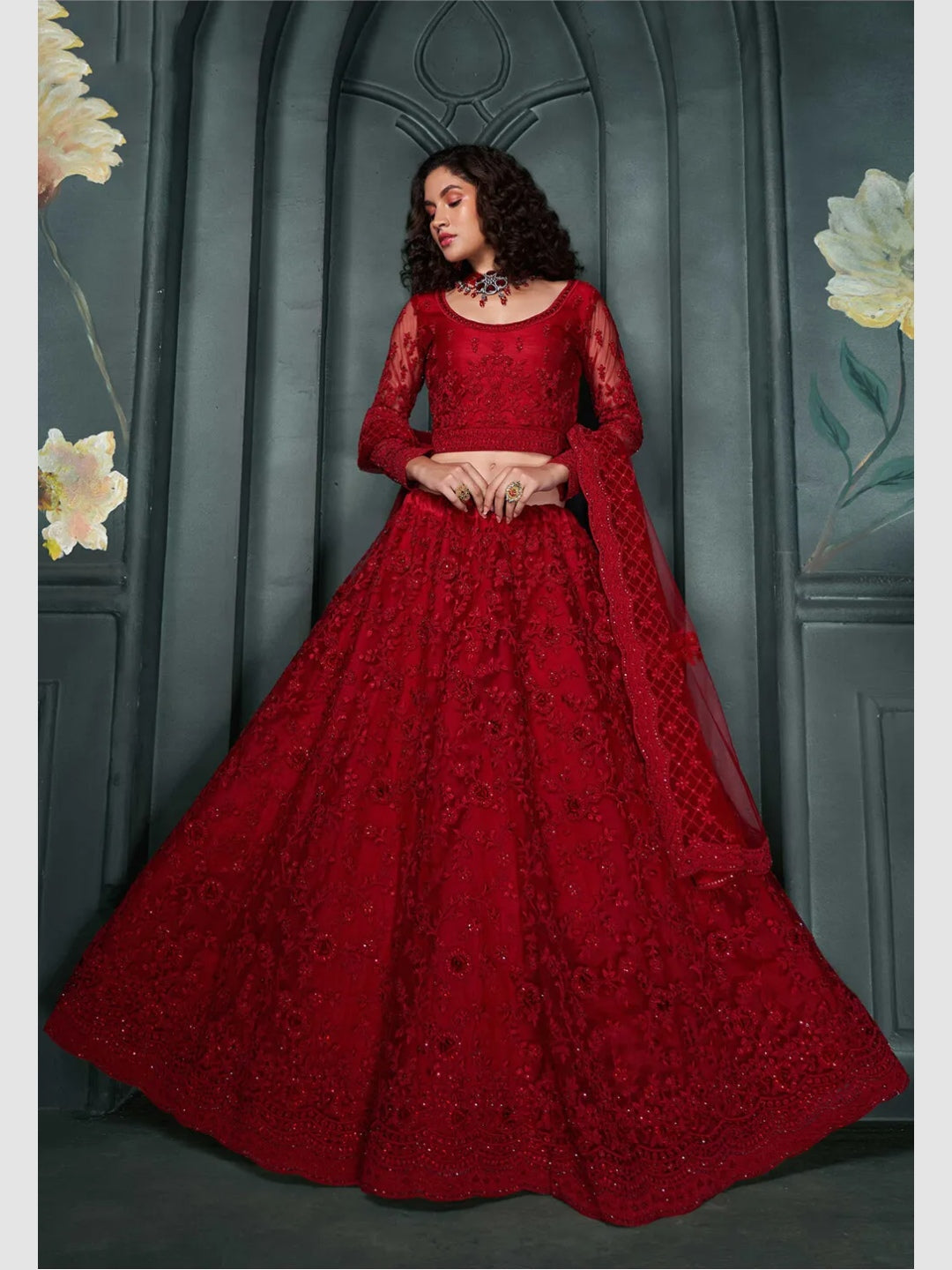 red heavy dress Adorable Red Heavy Net Embroidered Bridal Lehenga Choli
